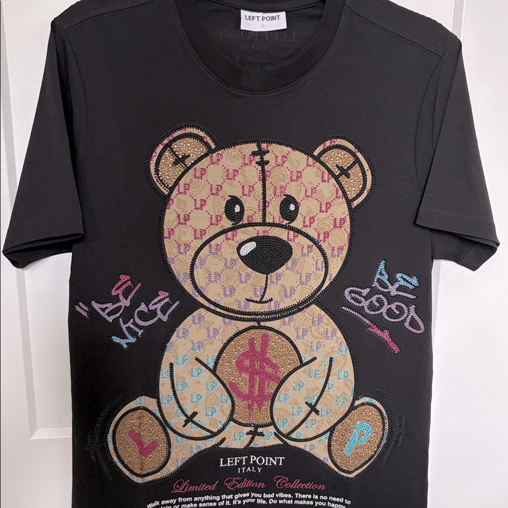 NWT [Left Point] Teddy Bear w Money Rhinestone Positive Affirmation Shirt Mens S - Picture 6 of 16